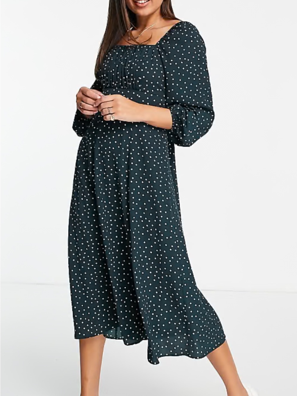 ASOS ruched green Midi Dress with White Polka Dots Sz 0 XS long sleeve